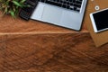 Office accessories laptop, smartphone, notepad, and coffee cup on a wooden table background. Royalty Free Stock Photo