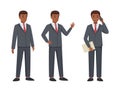 Office African American Man Character in Suit and Red Tie in Different Pose and Hand Gesture Vector Set Royalty Free Stock Photo