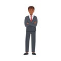 Office African American Man Character in Suit and Red Tie Standing with Folded Arms Vector Illustration