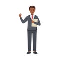 Office African American Man Character in Suit and Red Tie Standing with Paper Document and Pointing Finger Vector Royalty Free Stock Photo