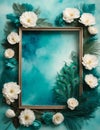 Turquoise Tranquility Background: Floral and Peacock Feathers Frame