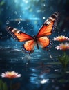 Orange Wings Symphony: AI-Rendered Butterfly among droplets