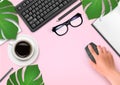 Office background with coffee, notebook, glasses and hand with mouse