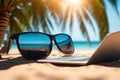 office on the beach, laptop with empty screen, sunglasses and tropical cocktail, ai generative