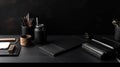 Office black leather workspace with office supplies. AI Generative Royalty Free Stock Photo