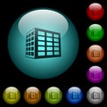 Office block icons in color illuminated glass buttons