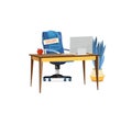 Office blue chair with sign vacant and table with computer. Business illustration for recruiting and hiring. Royalty Free Stock Photo