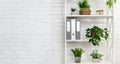 Office bookshelf with plants and folders over wall Royalty Free Stock Photo