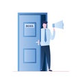 Office boss with megaphone stands in the doorway