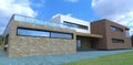 Office building design. Finishing old slate. Entrance and porch. Flat roof and fenced terrace. 3d render