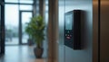 Office building entry door with card reader system. Digital screen shows user icon. Green and red lights indicate access status. Royalty Free Stock Photo