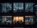 office building exterior looking through window business person meeting working late at night in meeting room