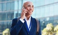 Office building, happy phone call and smile, man or lawyer outside city law firm in consulting on legal advice. Ceo Royalty Free Stock Photo