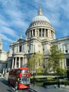 St. Paul`s Cathedral seen from a double decker red bus in the city, England Royalty Free Stock Photo