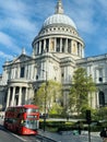 St. Paul`s Cathedral seen from a double decker red bus in the city, England Royalty Free Stock Photo