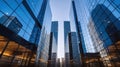 A Office building next to contemporary high rise structures with glass mirrored walls in city against cloudless blue sky. Royalty Free Stock Photo