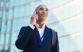 Office building, phone call and smile, man or lawyer outside city law firm, success and discussion on legal advice. Ceo Royalty Free Stock Photo