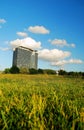 Office buildings and open field Royalty Free Stock Photo
