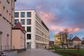 office buildings with sunset autumn colored sky and clouds Royalty Free Stock Photo