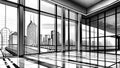 Office bulding interior with large window and the city behind Royalty Free Stock Photo