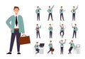 Office business man character. Cartoon flat manager, male in suit in different situations. Isolated manager or boss