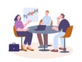 Office business meeting. Colleagues sitting at desk and talk about financial chart. Investment management, vector Royalty Free Stock Photo