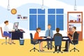 Office business meeting team people, vector illustration. Teamwork at cartoon table, group character brainstorming and Royalty Free Stock Photo