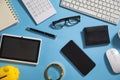 Office business objects. Smartphone, tablet, pen, computer keyboard Royalty Free Stock Photo