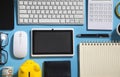 Office business objects. Smartphone, tablet, pen, computer keyboard Royalty Free Stock Photo