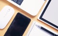 Office business objects. Smartphone, tablet, pen, notepad, computer mouse and keyboard Royalty Free Stock Photo