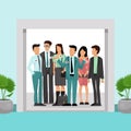 Office business people command in suits stand inside elevator with open doors vector illustration. Office tour for