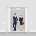 Office business people couple in formal clothes suit staying together in modern elevator with open doors vector