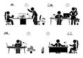 Office busy working stick figure people vector icon set. Teamwork, solution, communication, supervisor pictogram.