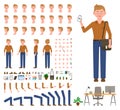 Office cartoon character man flat style design vector creation set wearing jeans, body parts, face emotions, haircut, gestures kit Royalty Free Stock Photo