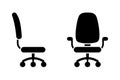 Office chair black and white vector icon pictogram set. Front and side view silhouette. Royalty Free Stock Photo