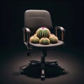 Office chair with cactus on the seat on a black background, hemorrhoids concept. ai generative