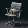 Office chair with cactus on the seat on a black background, hemorrhoids concept. ai generative