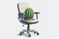 Office chair with cactus on the seat on white background, hemorrhoids concept. ai generative