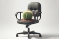 Office chair with cactus on the seat on white background, hemorrhoids concept. ai generative