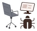 Office Chair, Computer Screen with UI, and Bug Representing Software Testing and Debugging Royalty Free Stock Photo