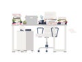 Office chair and desk completely covered with documents, folders, stationery. Table cluttered with papers. Working place Royalty Free Stock Photo