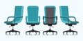 Office chair or desk chair in various points of view. Armchair or stool in front, back, side angles. Blue furniture for Interior