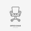 Office chair flat line icon. Apartment furniture sign, vector illustration of study room armchair. Thin linear logo for