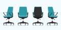 Office chair or desk chair in various points of view. Armchair or stool in front, back, side view.