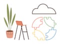 Minimalist Office Chair with Plant and Puzzle Pieces Under Cloud Framework Royalty Free Stock Photo