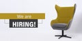 Office chair and text WE`RE HIRING on white background. Banner design