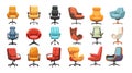 Office chairs in cartoon flat style, vector pack. Colorful furniture, with back adjustment and armrests, room interior Royalty Free Stock Photo