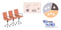 Office chairs with data charts, team segmentation, and digital communication elements Royalty Free Stock Photo