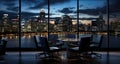 Office Chairs and Modern City Skyscrapers at Night. Office with panoramic view window