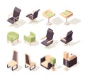 Office chairs. Modern furniture chairs and armchairs vector low poly isometric 3d pictures